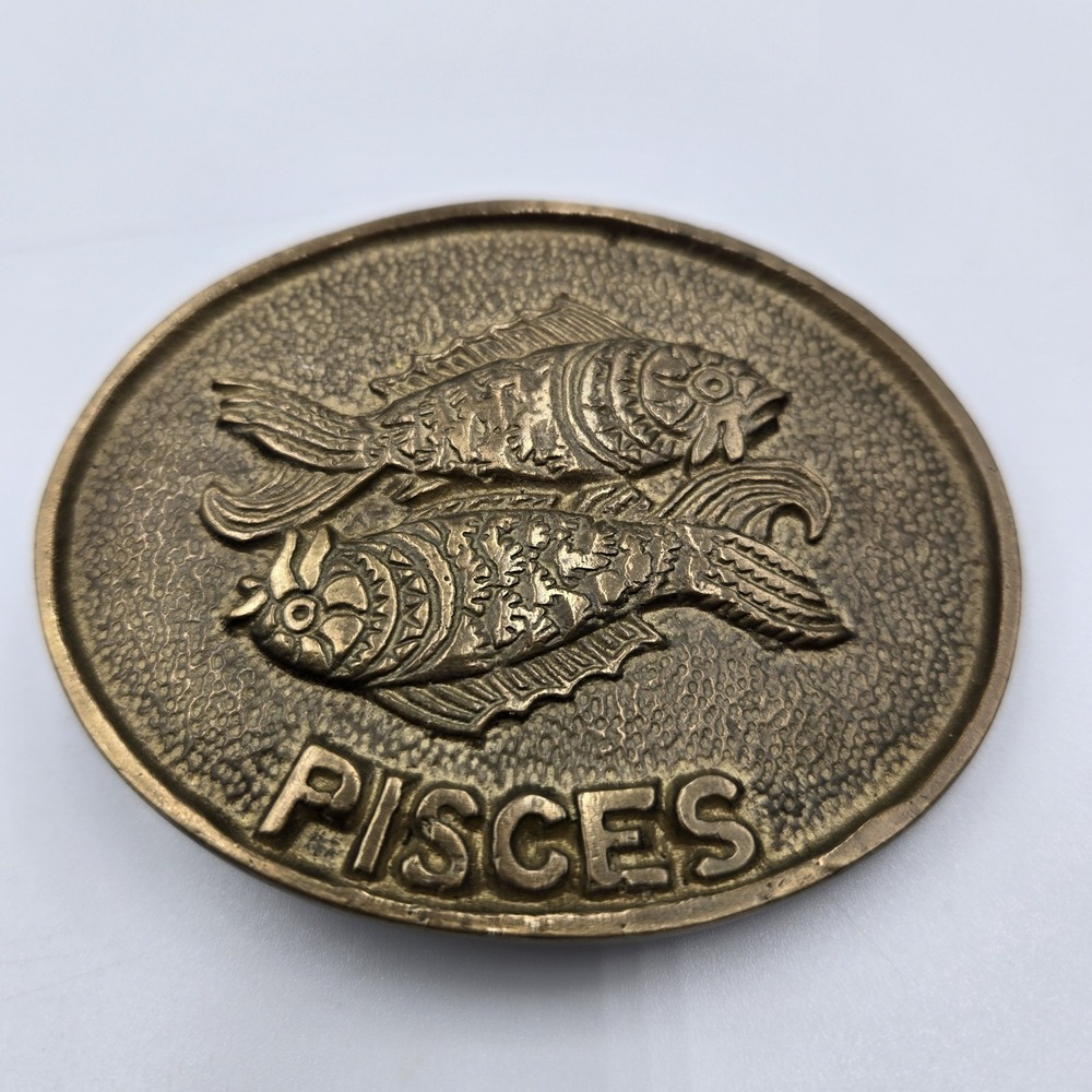 Vintage Solid Brass Pisces Belt Buckle Astrology Sign Rare HTF 3inch Taiwan